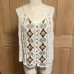 Shyanne White Embroidered Button-Front Camisole with Teal & Brown Accents